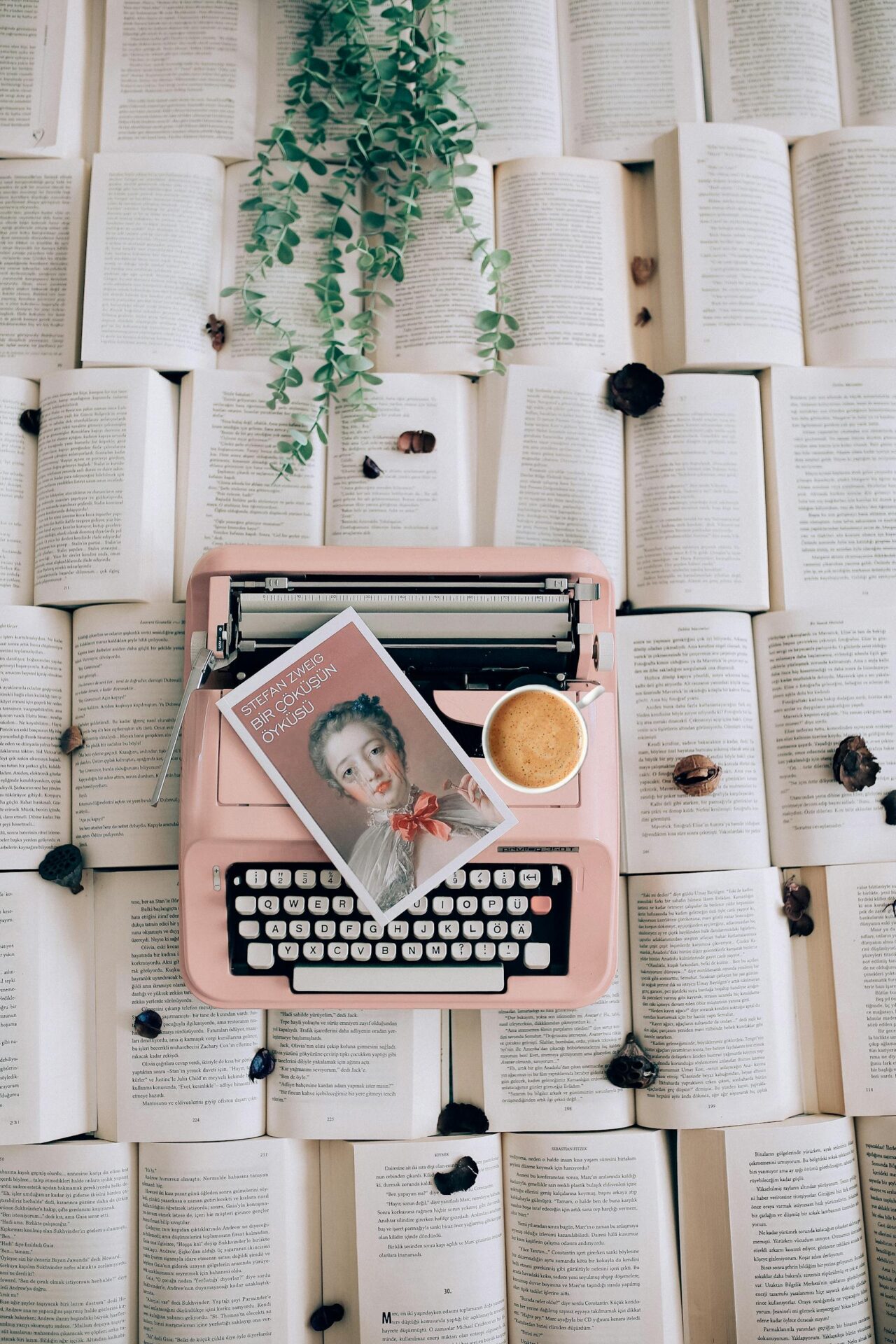 A pink typewriter on open books with a coffee cup and plant, offering a vintage literary vibe.