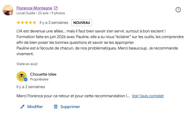 Avis Google de Florence M., participante &agrave; la formation IA &agrave; Brive avant son d&eacute;part &agrave; la retraite.